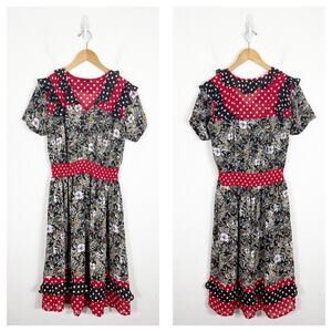 Vintage Diane Freis Floral Polka Dot Midi Dress Maximalist Ruffle Bohemian 80s